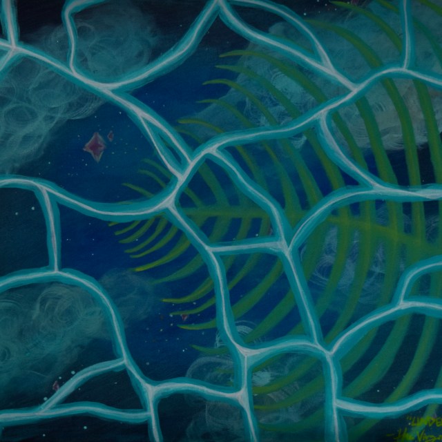 An abstract painting titled "Underwater" features a network of light blue, web-like lines stretching across the canvas. Beneath the web, green, curved rib-like shapes suggest organic or aquatic forms, set against a deep blue background speckled with stars and soft, swirling clouds. The overall composition evokes the feeling of looking through water at a surreal, dreamlike scene. The title and artist’s signature are handwritten in yellow at the bottom right corner.