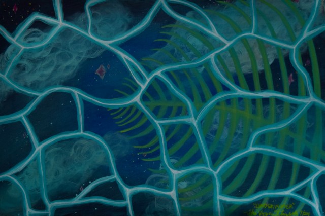 An abstract painting titled "Underwater" features a network of light blue, web-like lines stretching across the canvas. Beneath the web, green, curved rib-like shapes suggest organic or aquatic forms, set against a deep blue background speckled with stars and soft, swirling clouds. The overall composition evokes the feeling of looking through water at a surreal, dreamlike scene. The title and artist’s signature are handwritten in yellow at the bottom right corner.