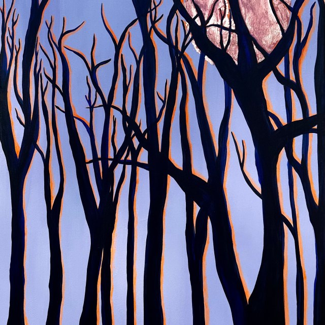 A stylized painting depicts tall, bare trees silhouetted against a twilight sky. The branches stretch upward in sharp, angular patterns, outlined with a glowing orange hue that contrasts against the deep purples and blues of the trunks. Behind the trees, a large textured full moon in soft pink tones glows through the branches, casting a mysterious and dreamlike ambiance. The artist's monogram is subtly placed in the bottom right corner.