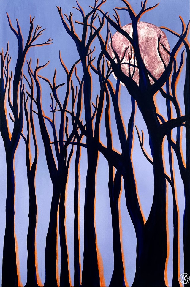 A stylized painting depicts tall, bare trees silhouetted against a twilight sky. The branches stretch upward in sharp, angular patterns, outlined with a glowing orange hue that contrasts against the deep purples and blues of the trunks. Behind the trees, a large textured full moon in soft pink tones glows through the branches, casting a mysterious and dreamlike ambiance. The artist's monogram is subtly placed in the bottom right corner.