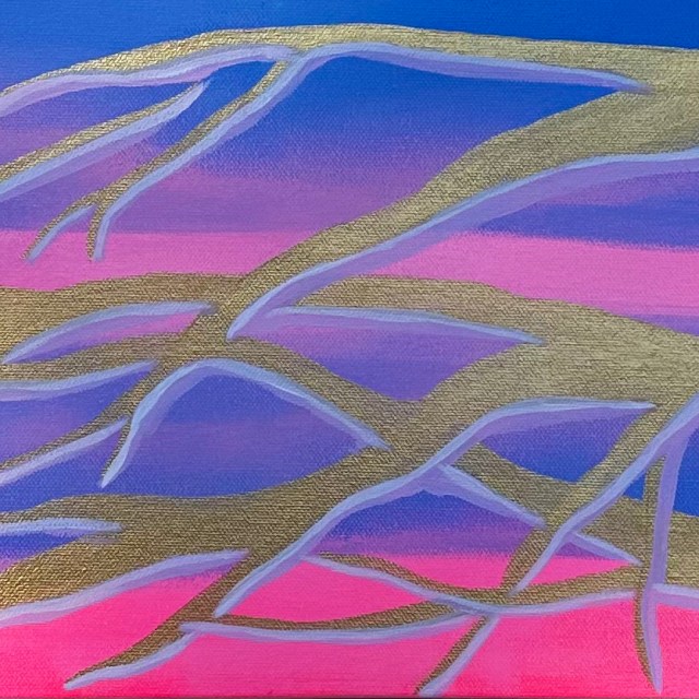 A horizontal painting features a network of abstract, intertwined branches rendered in metallic gold with lavender-gray outlines. These branches stretch across a vibrant, dreamy sky composed of gradient shades of deep blue, violet, and soft pink. The background evokes the transition of a sunset or twilight, blending color bands in a smooth gradient. The artist's monogram is placed in the lower right corner in white.